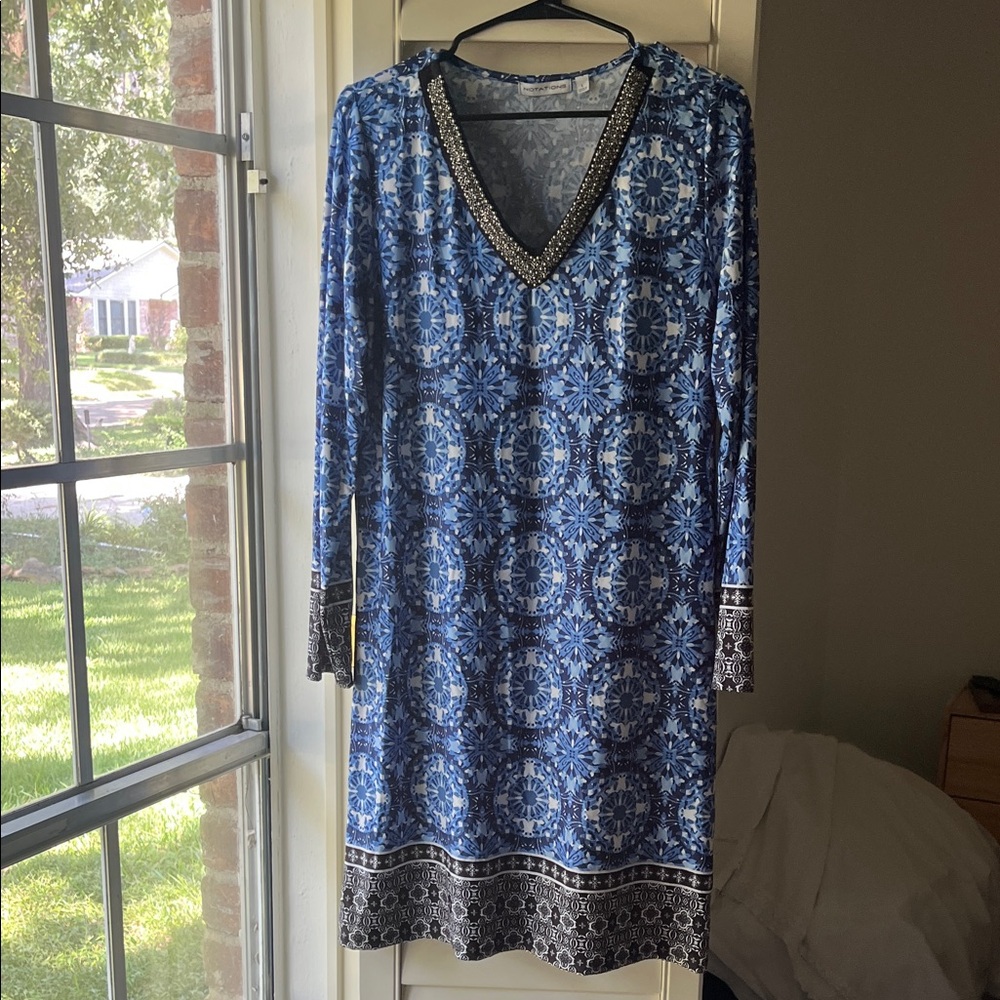 4/$25 SALE Large Notations Blue Watercolor Patterned Long Sleeve Midi Dress